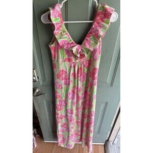 Lilly Pulitzer Maxi Dress Samantha Floral Pink Green Ruffle V-Neck Small S Y2K